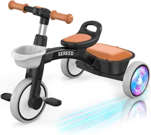 SEREED Colorful Lighting Toddler Tricycle for 2-5 Years Old Boys, Adjustable Seat&Handlebar Trike, Removable Basket, Birthday Gift Idea for Kids Ages 2  (Black)
