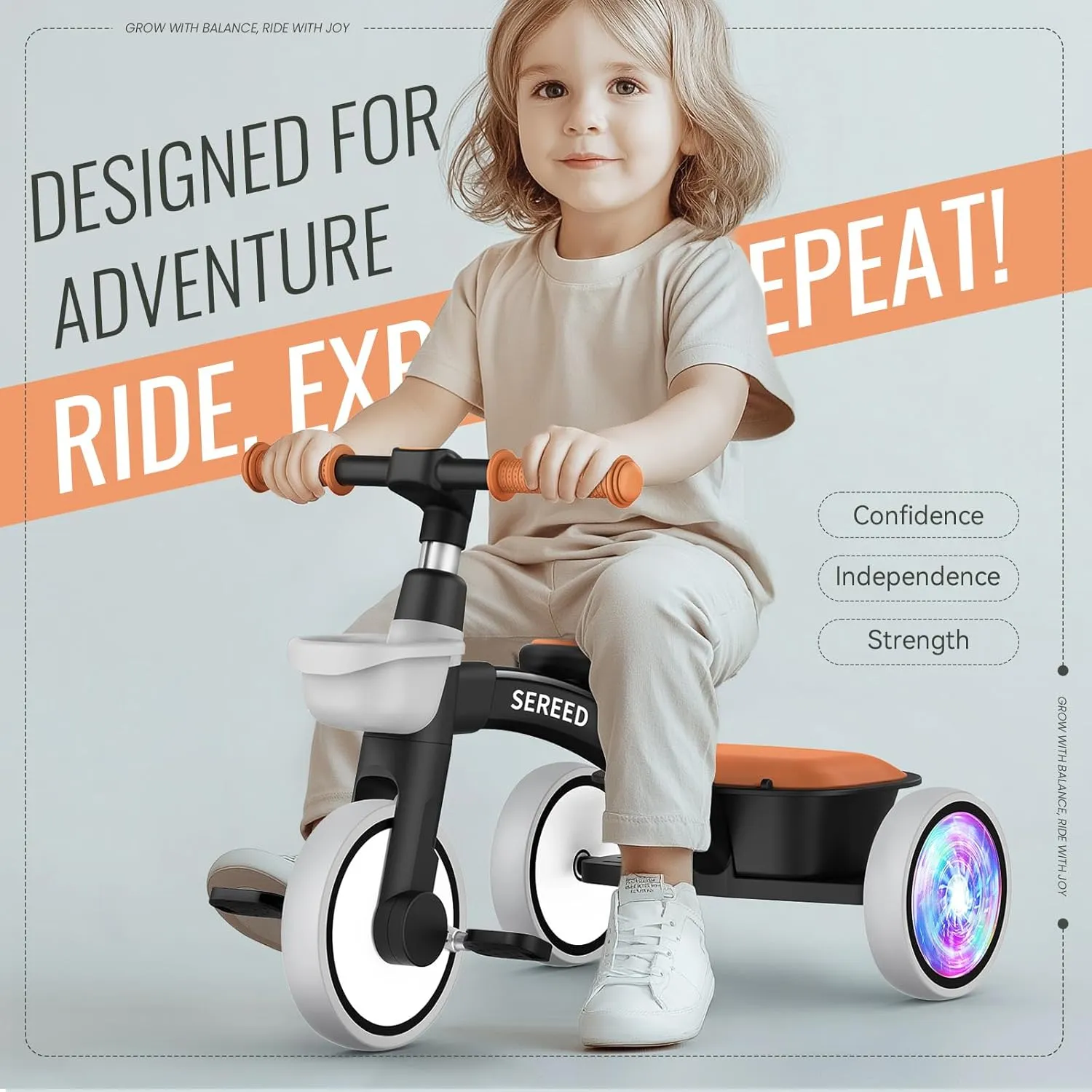 SEREED Colorful Lighting Toddler Tricycle for 2-5 Years Old Boys, Adjustable Seat&Handlebar Trike, Removable Basket, Birthday Gift Idea for Kids Ages 2  (Black)