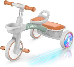 SEREED Colorful Lighting Toddler Tricycle for 2-5 Years Old Boys Girls, Adjustable Seat&Handlebar Trike, Removable Basket, Birthday Gift Idea for Kids Ages 2  (Green)