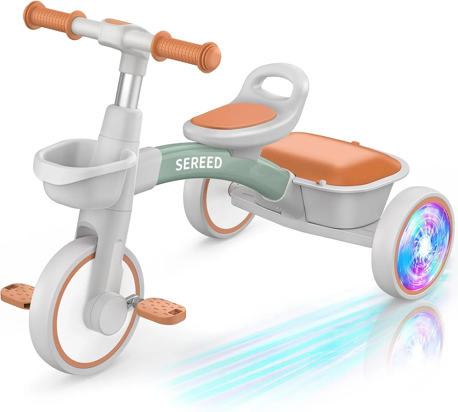 SEREED Colorful Lighting Toddler Tricycle for 2-5 Years Old Boys Girls, Adjustable Seat&Handlebar Trike, Removable Basket, Birthday Gift Idea for Kids Ages 2  (Green)