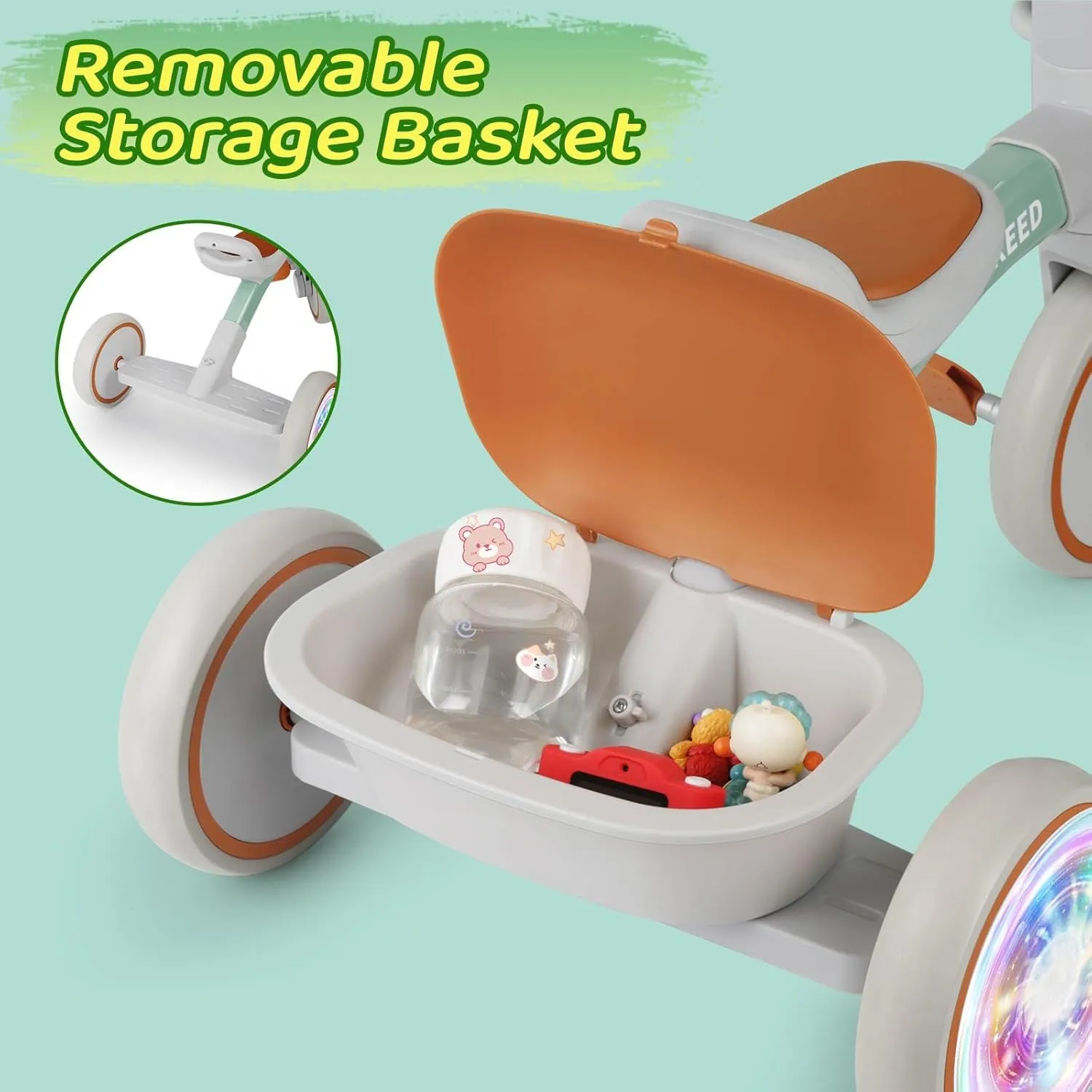 SEREED Colorful Lighting Toddler Tricycle for 2-5 Years Old Boys Girls, Adjustable Seat&Handlebar Trike, Removable Basket, Birthday Gift Idea for Kids Ages 2  (Green)