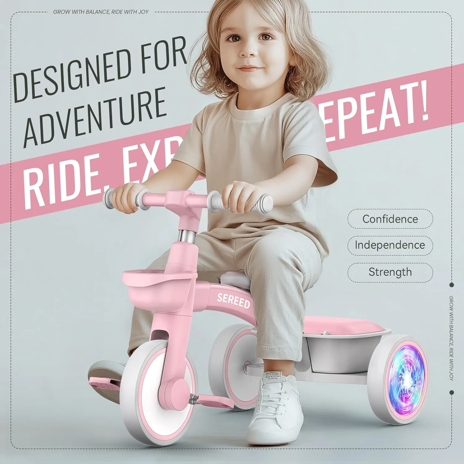 SEREED Colorful Lighting Toddler Tricycle for 2-5 Years Old Girls, Adjustable Seat&Handlebar Trike, Removable Basket, Birthday Gift Idea for Kids Ages 2  (Pink)
