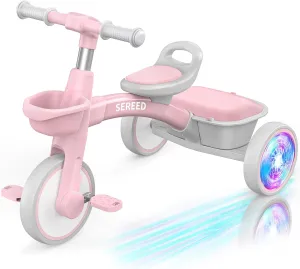 SEREED Colorful Lighting Toddler Tricycle for 2-5 Years Old Girls, Adjustable Seat&Handlebar Trike, Removable Basket, Birthday Gift Idea for Kids Ages 2  (Pink)