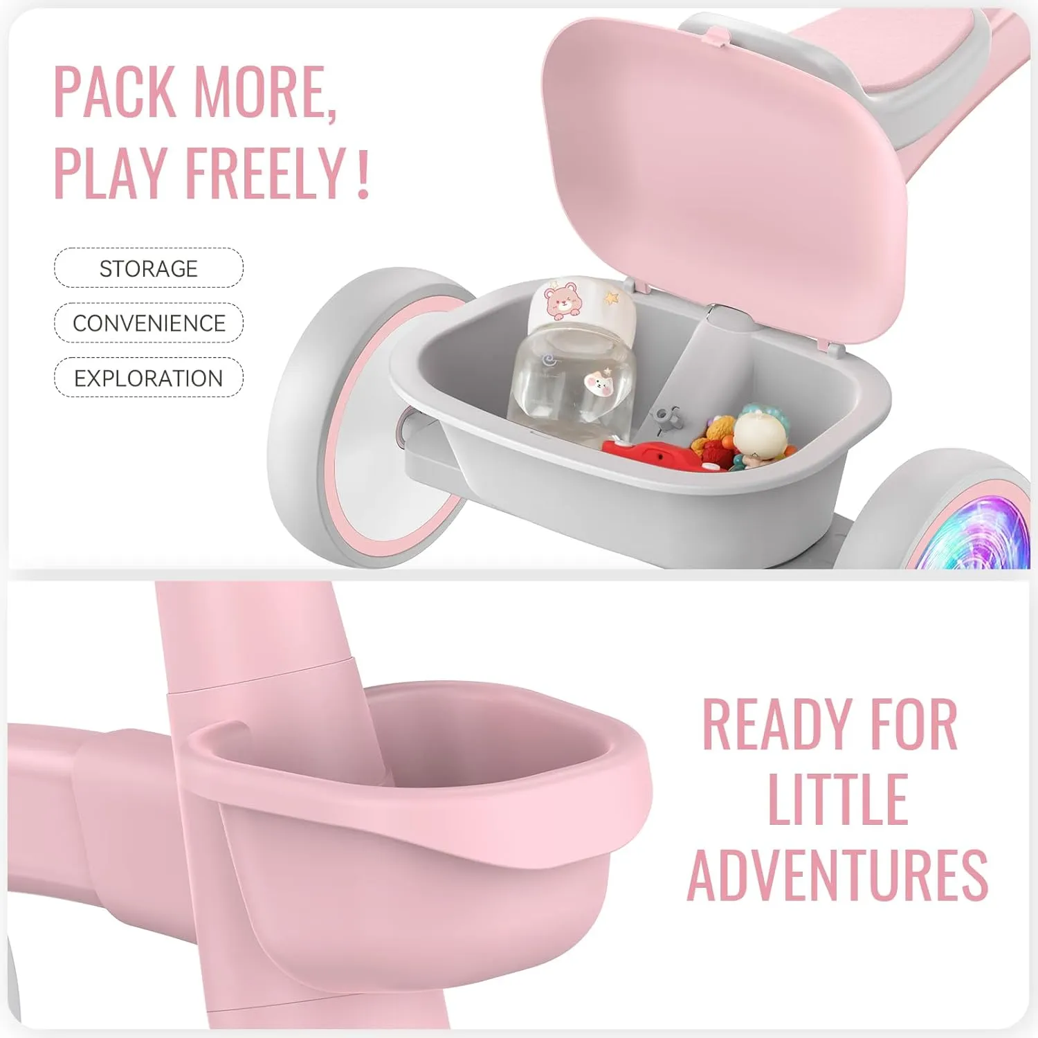 SEREED Colorful Lighting Toddler Tricycle for 2-5 Years Old Girls, Adjustable Seat&Handlebar Trike, Removable Basket, Birthday Gift Idea for Kids Ages 2  (Pink)