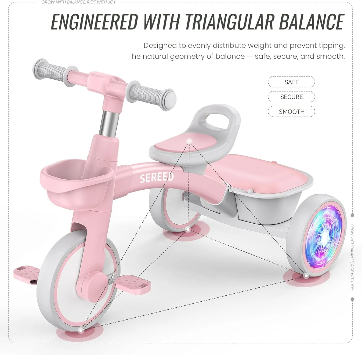 SEREED Colorful Lighting Toddler Tricycle for 2-5 Years Old Girls, Adjustable Seat&Handlebar Trike, Removable Basket, Birthday Gift Idea for Kids Ages 2  (Pink)