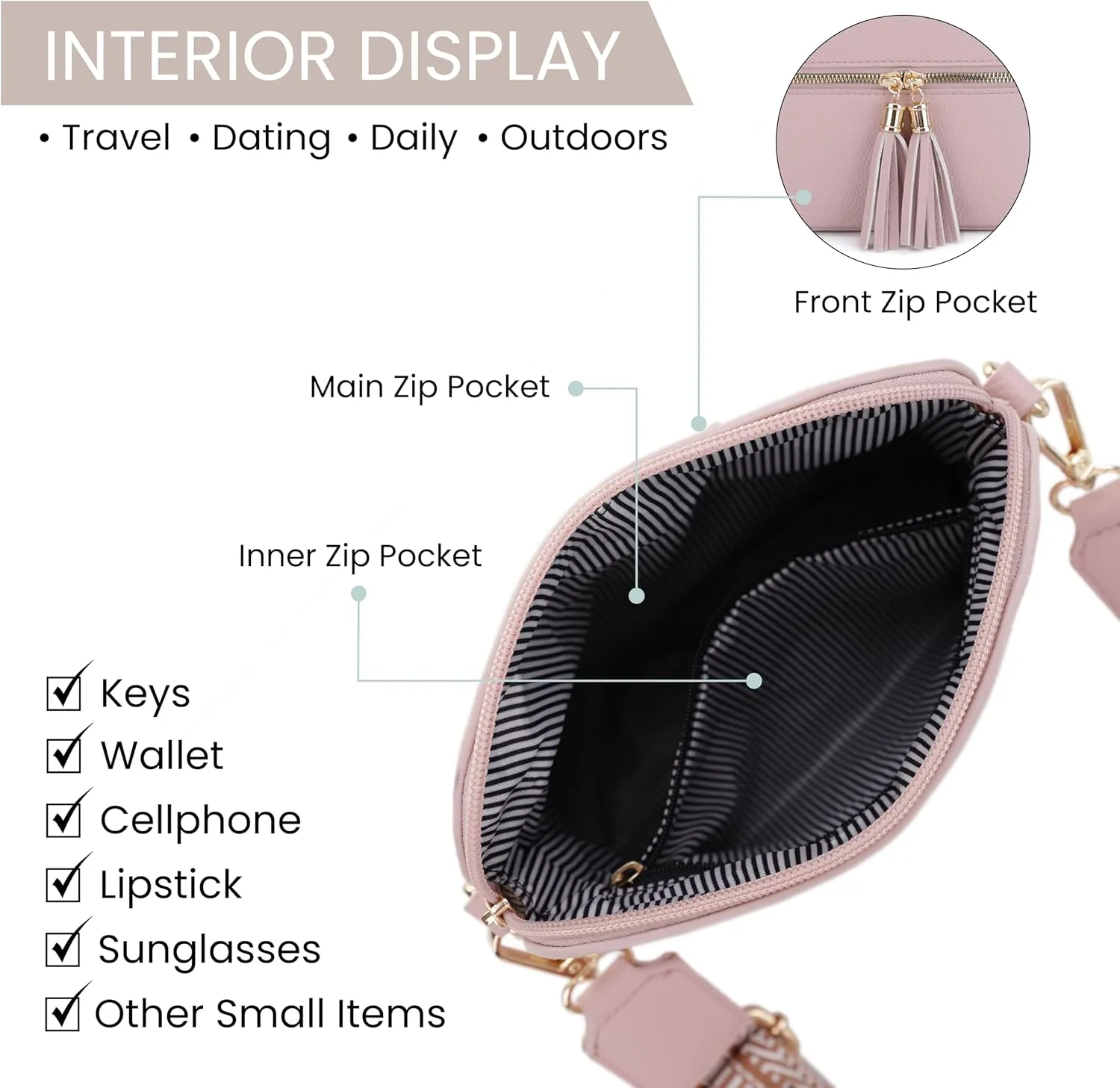 SG SUGU Lunar Lightweight Medium Dome Crossbody Bag Shoulder Bag with Tassel | Zipper Pocket | Adjustable Strap