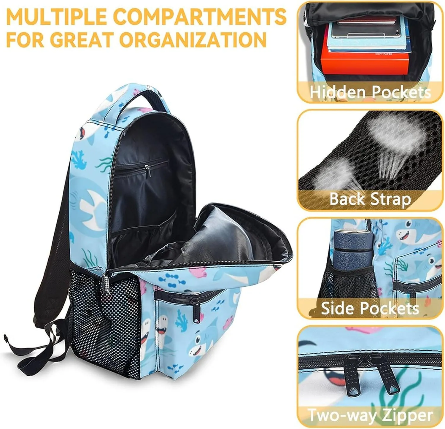 Shark Backpack for Boys Girls, 16 Inch Cute Backpack for School, Blue, Large Capacity, Durable, Lightweight Bookbag for Kids Travel