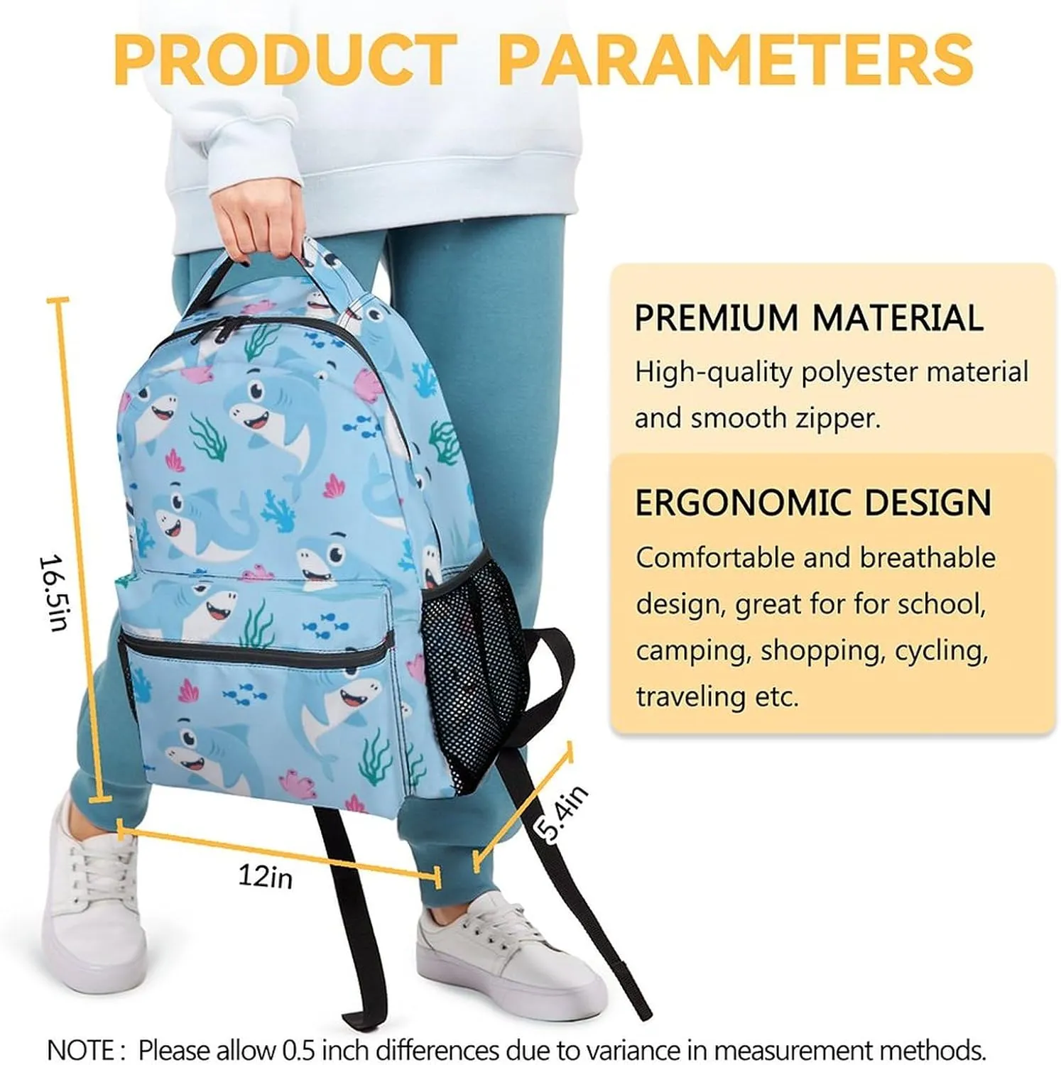 Shark Backpack for Boys Girls, 16 Inch Cute Backpack for School, Blue, Large Capacity, Durable, Lightweight Bookbag for Kids Travel