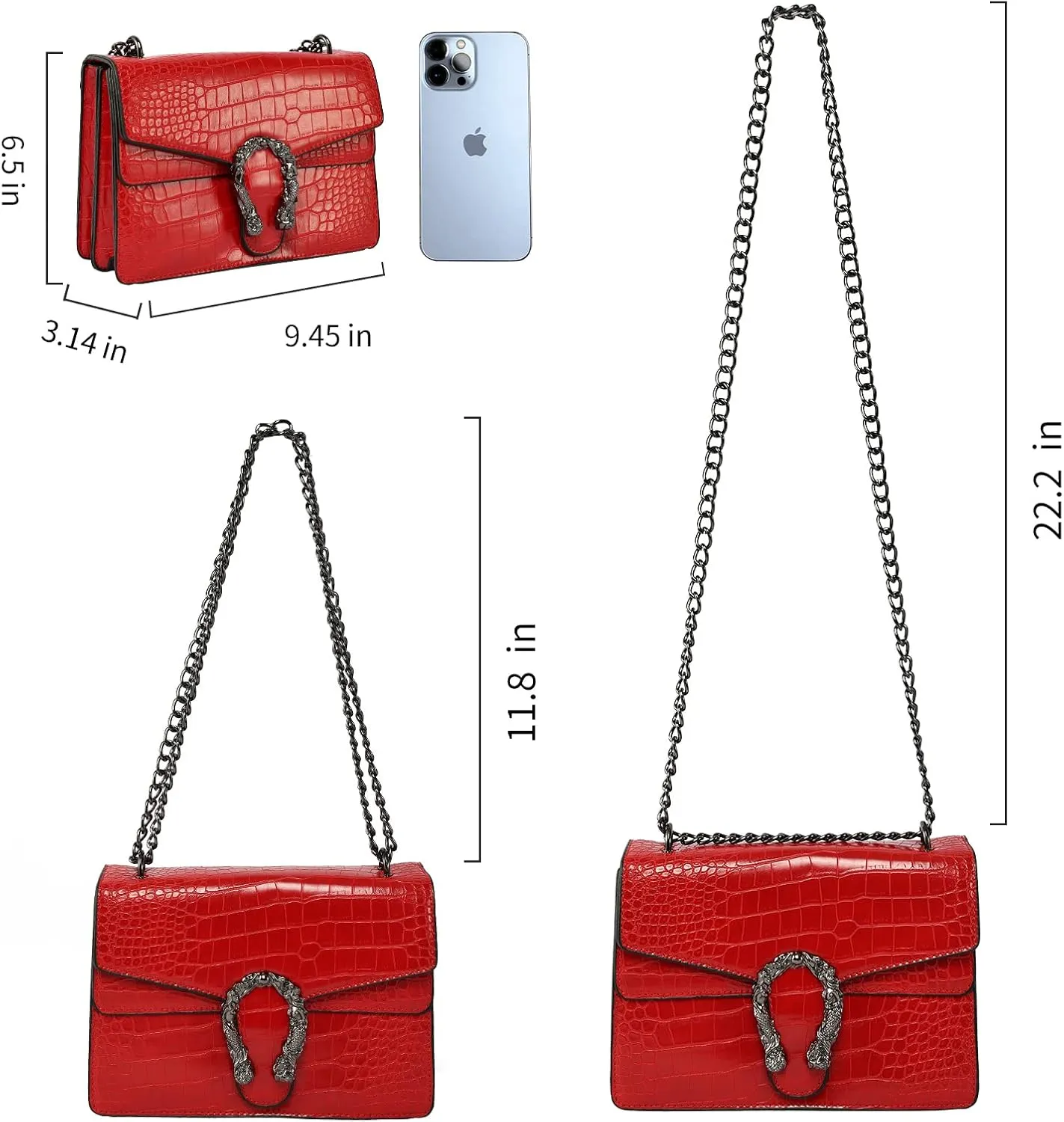 Shoulder Evening Bag for Women - Snake Printed Chain Strap Clutch Small Purse