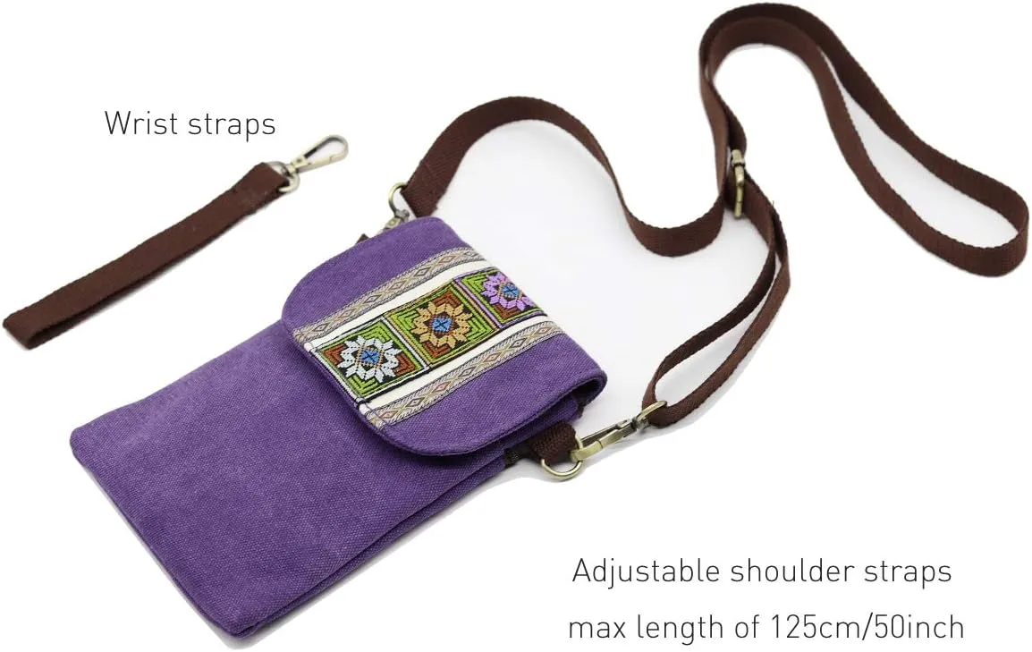 SILKAREA Vintage Embroidered Canvas Flip Small Crossbody Bag Cell Phone Pouch for Women Wristlet Wallet Bag Coin Purse