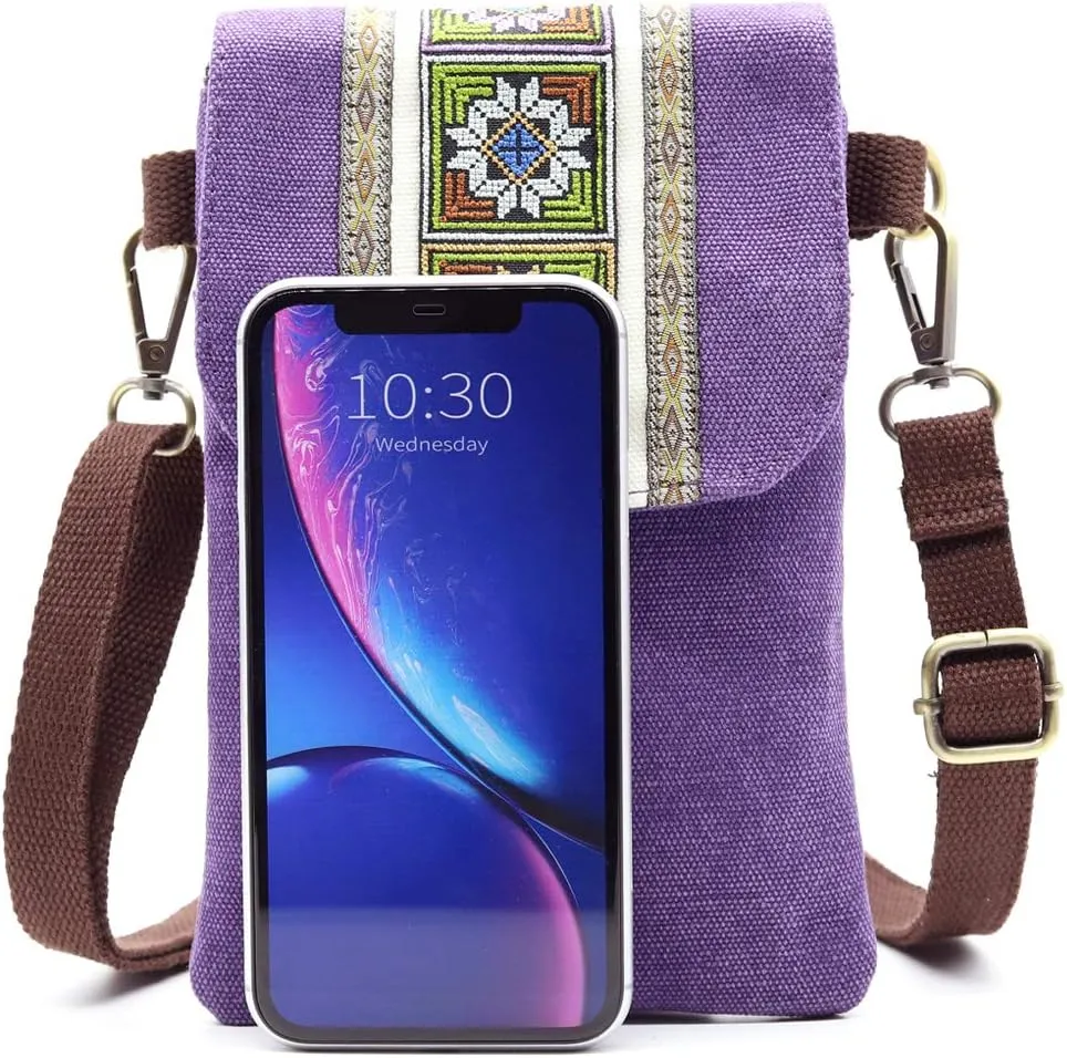 SILKAREA Vintage Embroidered Canvas Flip Small Crossbody Bag Cell Phone Pouch for Women Wristlet Wallet Bag Coin Purse