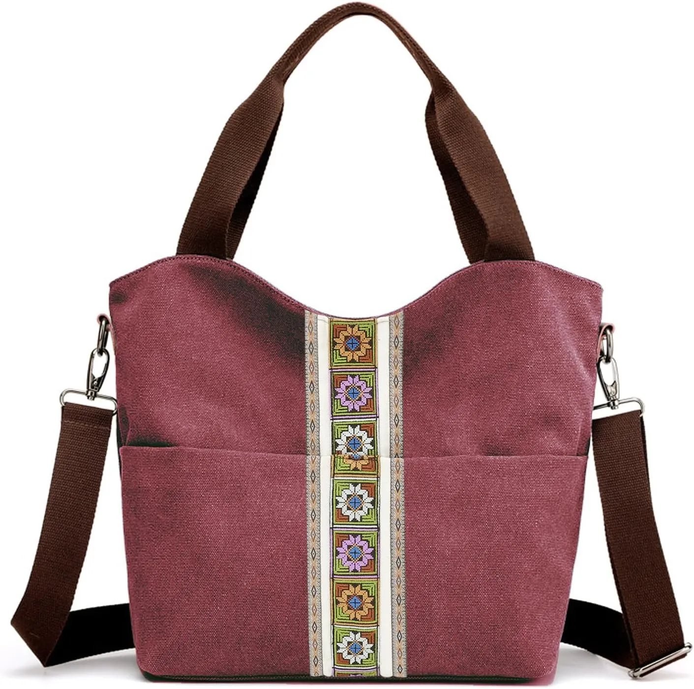 SILKAREA Women's Canvas Large Tote Bag Embroidered Shoulder Bag Multi Pocket Crossbody Bag Top Handle Bag Handbag Hobo Purse