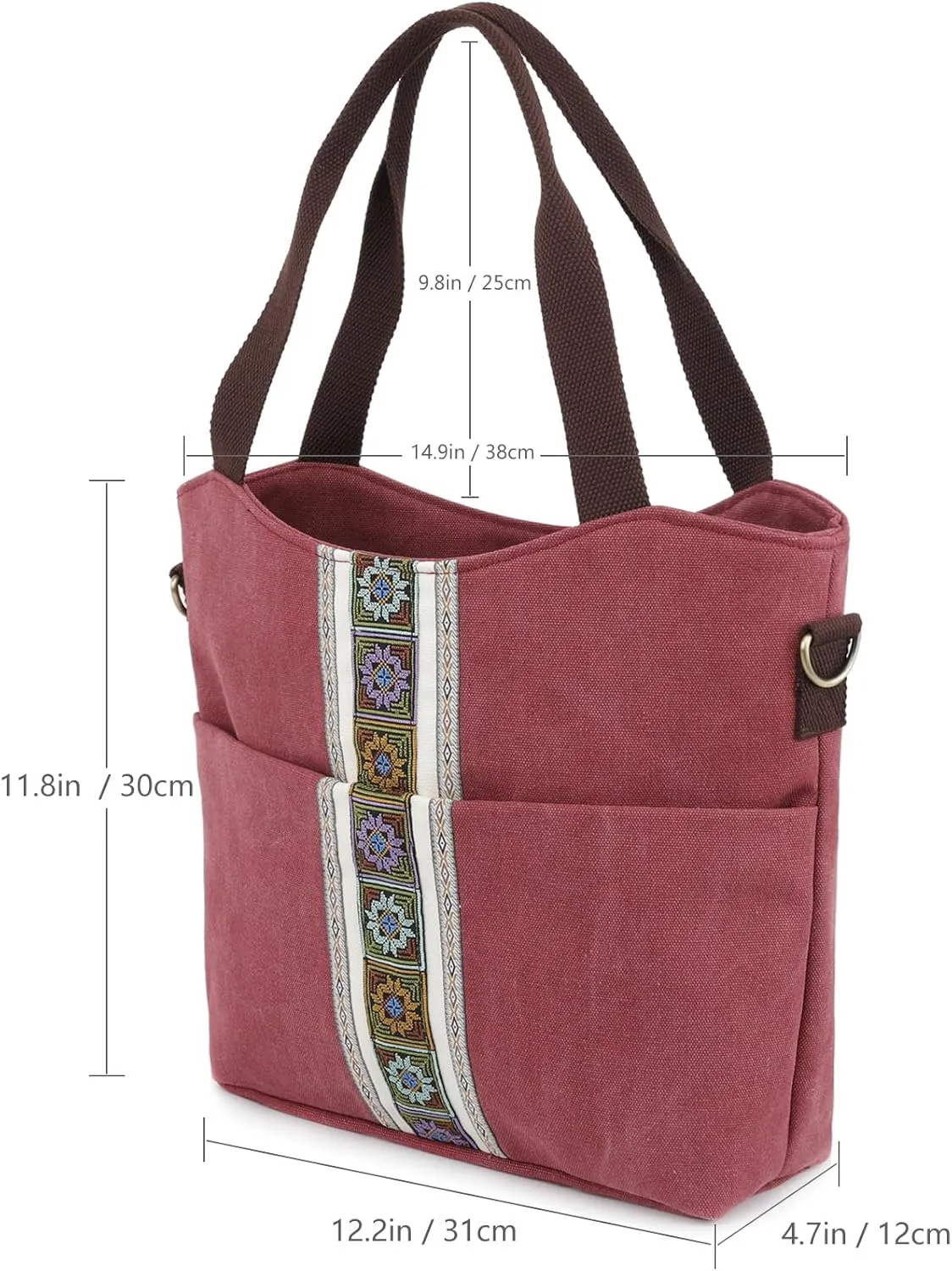 SILKAREA Women's Canvas Large Tote Bag Embroidered Shoulder Bag Multi Pocket Crossbody Bag Top Handle Bag Handbag Hobo Purse