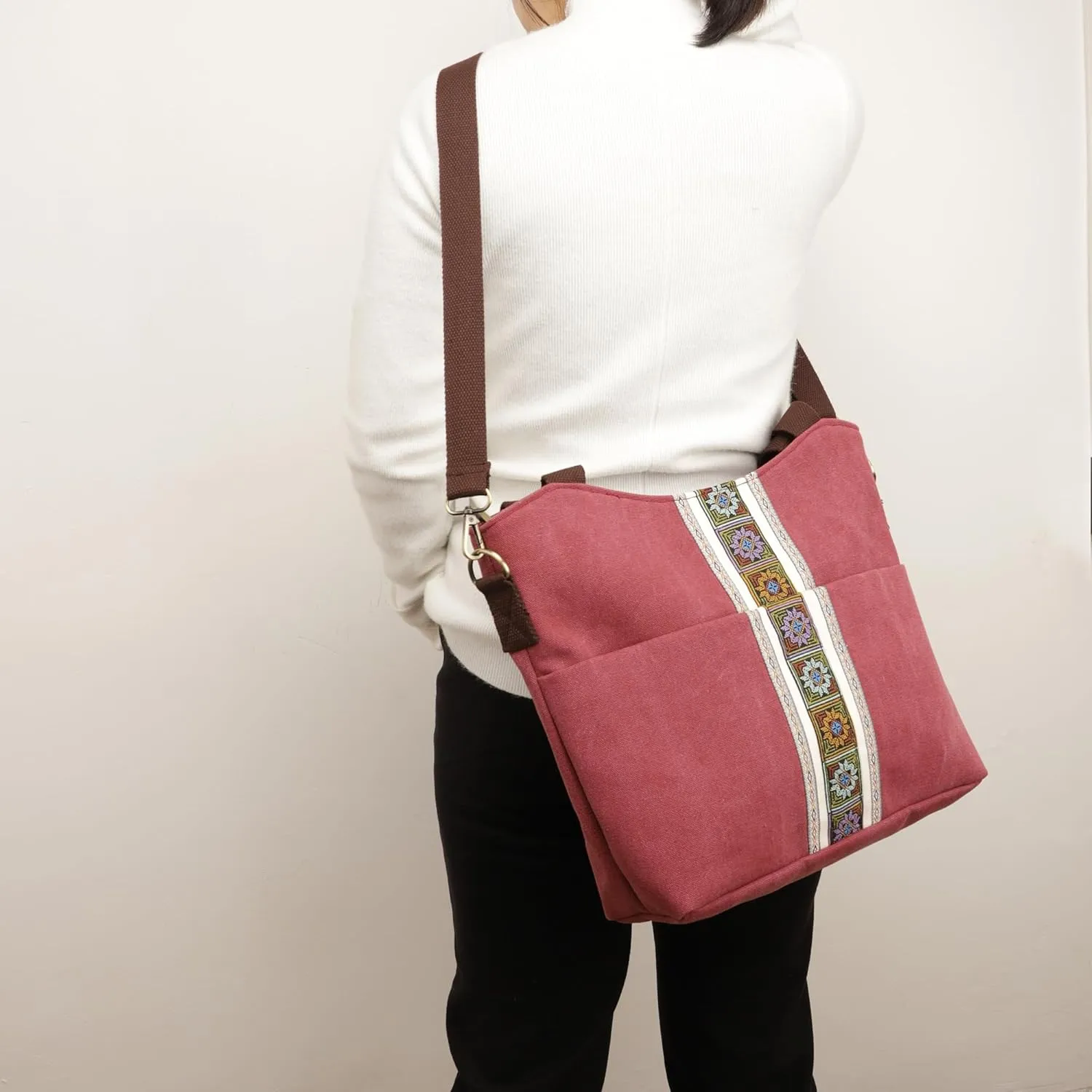 SILKAREA Women's Canvas Large Tote Bag Embroidered Shoulder Bag Multi Pocket Crossbody Bag Top Handle Bag Handbag Hobo Purse