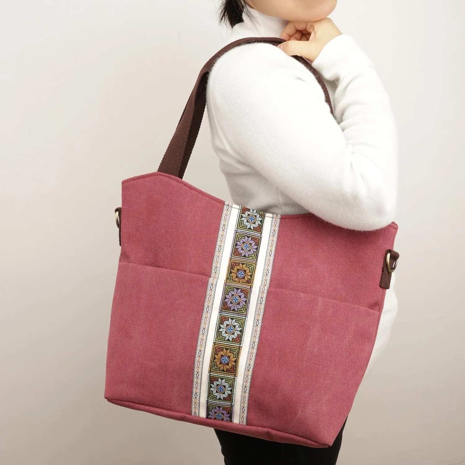 SILKAREA Women's Canvas Large Tote Bag Embroidered Shoulder Bag Multi Pocket Crossbody Bag Top Handle Bag Handbag Hobo Purse