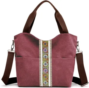 SILKAREA Women's Canvas Large Tote Bag Embroidered Shoulder Bag Multi Pocket Crossbody Bag Top Handle Bag Handbag Hobo Purse