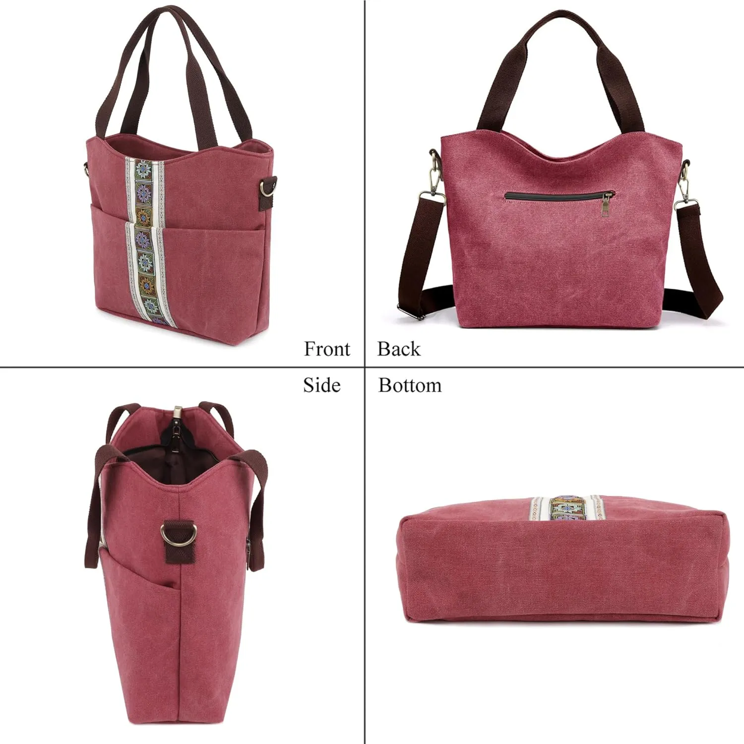 SILKAREA Women's Canvas Large Tote Bag Embroidered Shoulder Bag Multi Pocket Crossbody Bag Top Handle Bag Handbag Hobo Purse