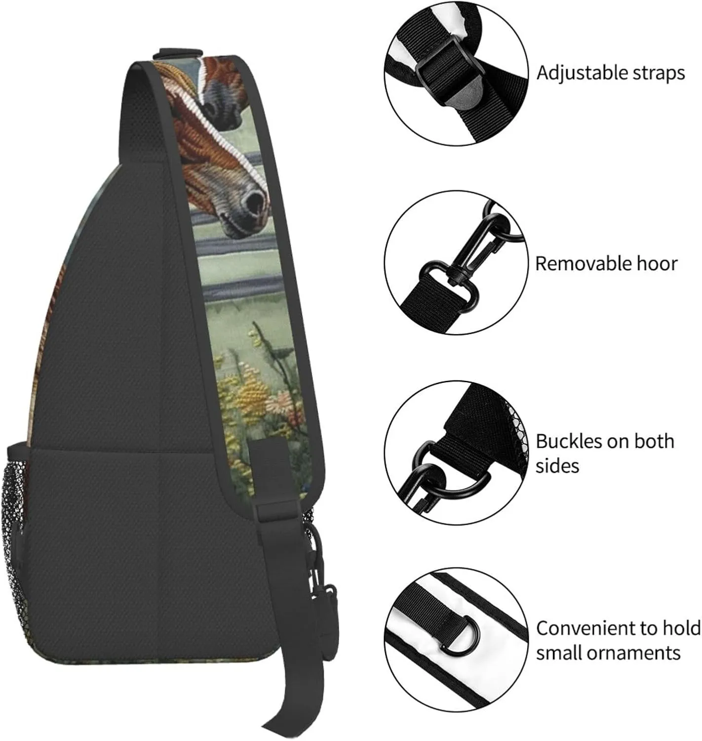 Sling Backpack Bag For Men Animals Embroidery Paintings Horses Cross Chest Bag Crossbody Shoulder Bag Travel Hiking Daypack
