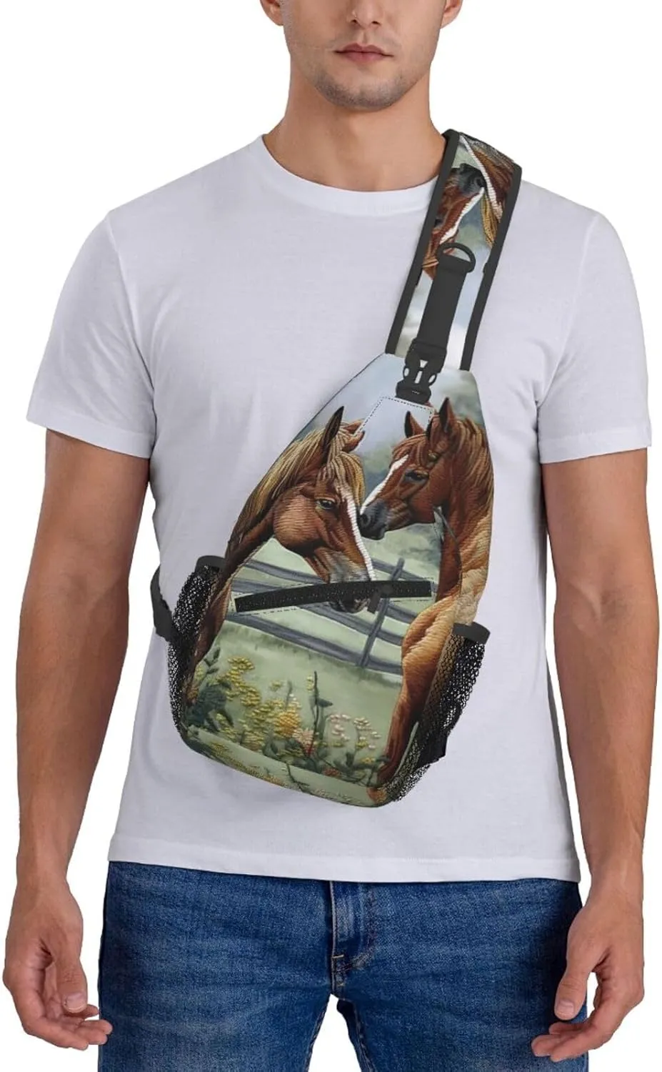 Sling Backpack Bag For Men Animals Embroidery Paintings Horses Cross Chest Bag Crossbody Shoulder Bag Travel Hiking Daypack