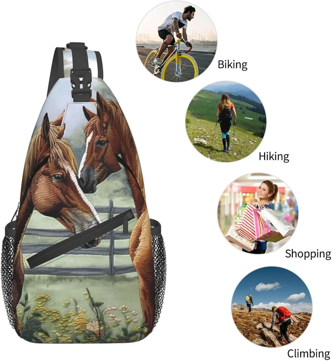 Sling Backpack Bag For Men Animals Embroidery Paintings Horses Cross Chest Bag Crossbody Shoulder Bag Travel Hiking Daypack