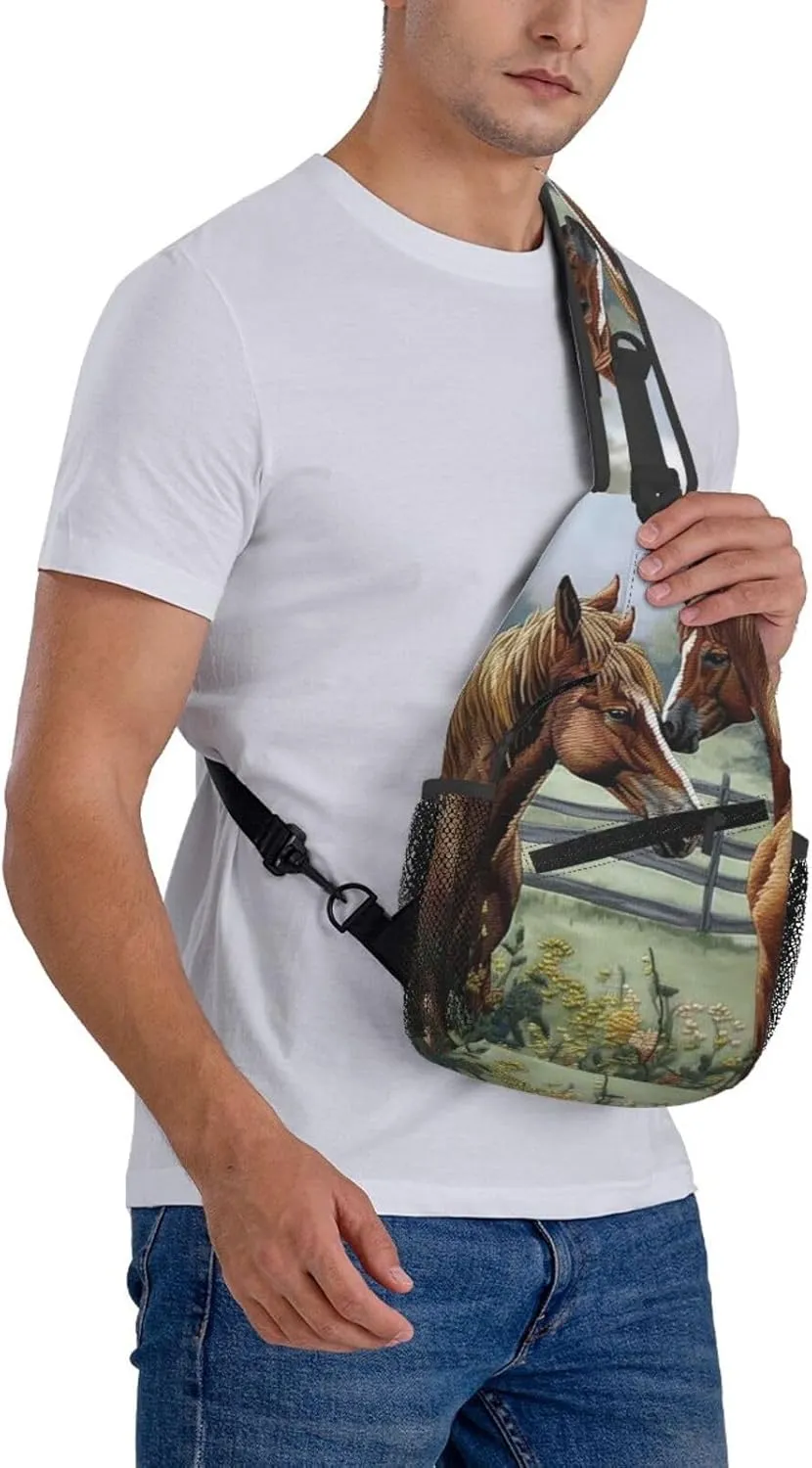 Sling Backpack Bag For Men Animals Embroidery Paintings Horses Cross Chest Bag Crossbody Shoulder Bag Travel Hiking Daypack