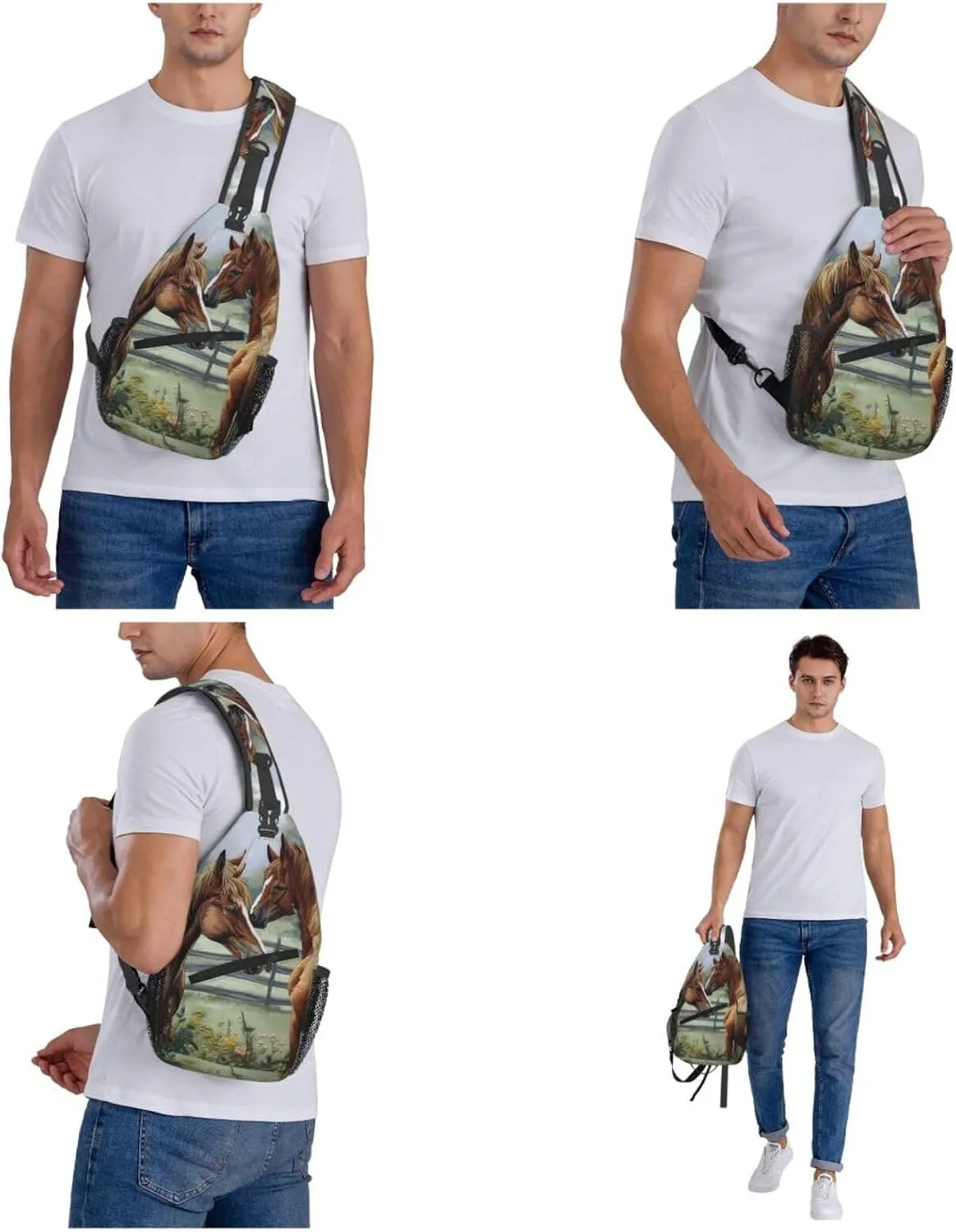 Sling Backpack Bag For Men Animals Embroidery Paintings Horses Cross Chest Bag Crossbody Shoulder Bag Travel Hiking Daypack