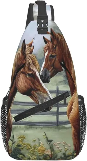 Sling Backpack Bag For Men Animals Embroidery Paintings Horses Cross Chest Bag Crossbody Shoulder Bag Travel Hiking Daypack