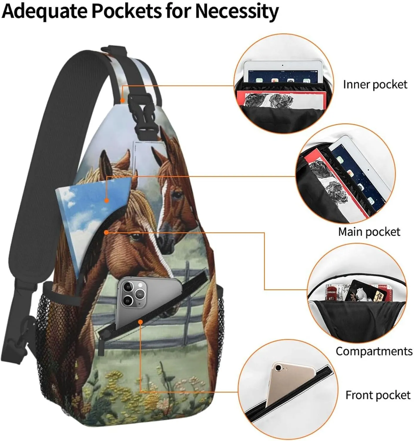 Sling Backpack Bag For Men Animals Embroidery Paintings Horses Cross Chest Bag Crossbody Shoulder Bag Travel Hiking Daypack