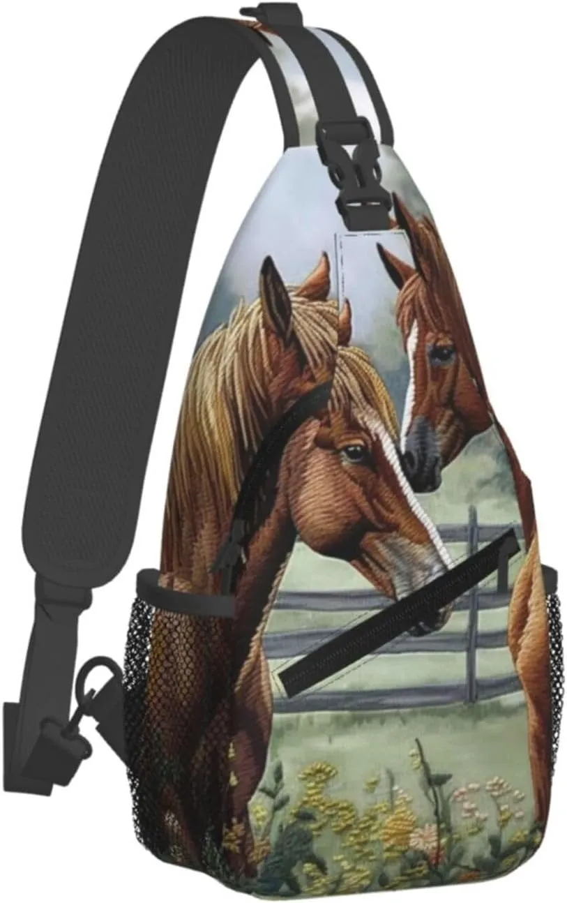 Sling Backpack Bag For Men Animals Embroidery Paintings Horses Cross Chest Bag Crossbody Shoulder Bag Travel Hiking Daypack