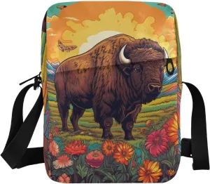 Sling Bag Bison Field Print, Small Crossbody Purse with Adjustable Strap 6.6×2.5×9.4 IN