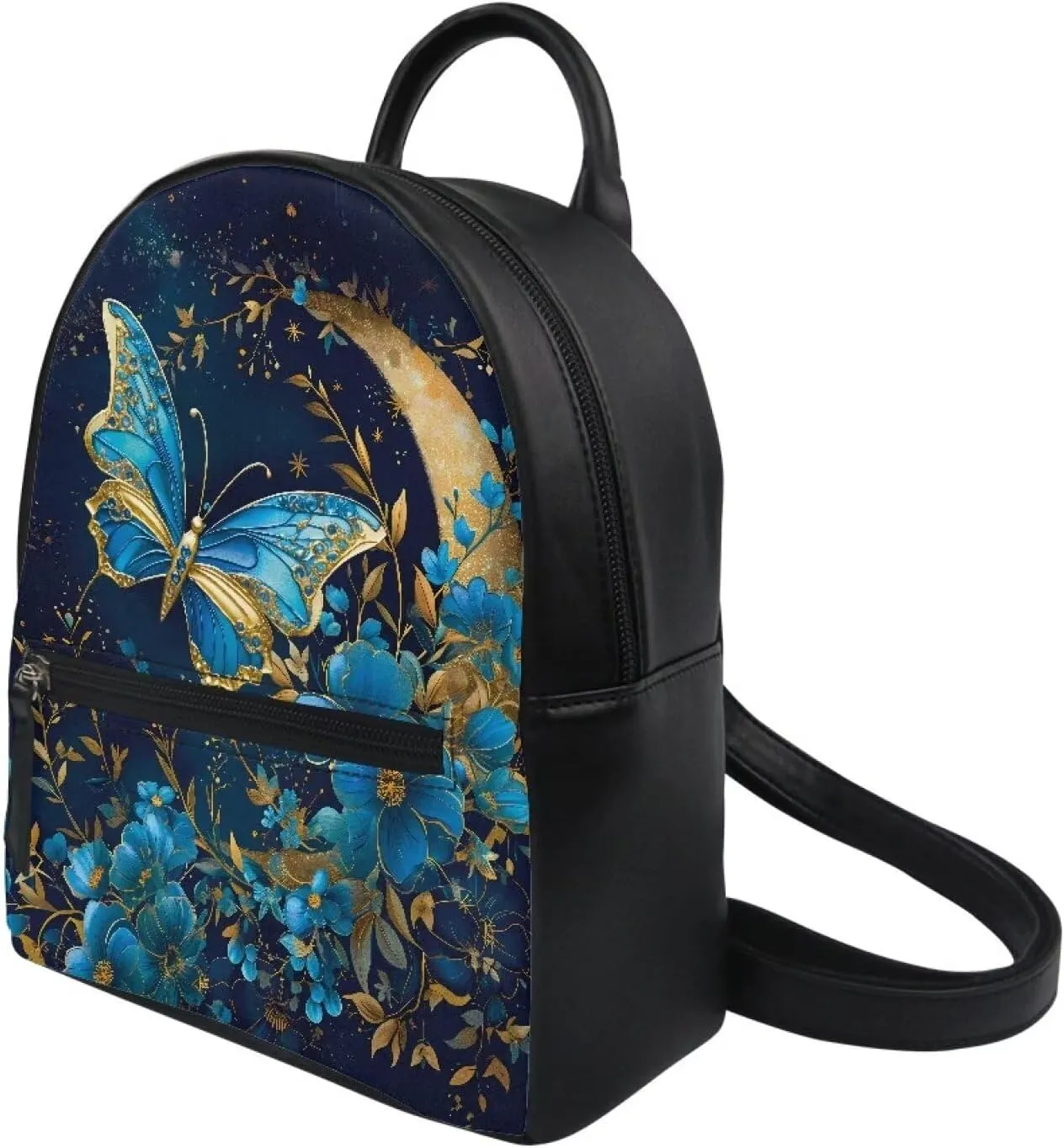 Small Backpack Purse for Womens Girls Cute Mini Backpack Stylish Shoulder Bag Daily Use PU Leather with Zipper,Blue Butterfly Golden Moon Print