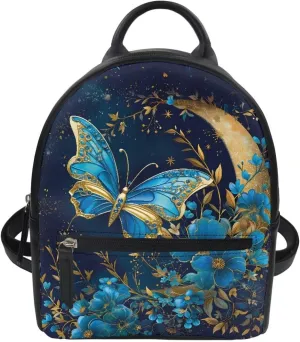 Small Backpack Purse for Womens Girls Cute Mini Backpack Stylish Shoulder Bag Daily Use PU Leather with Zipper,Blue Butterfly Golden Moon Print