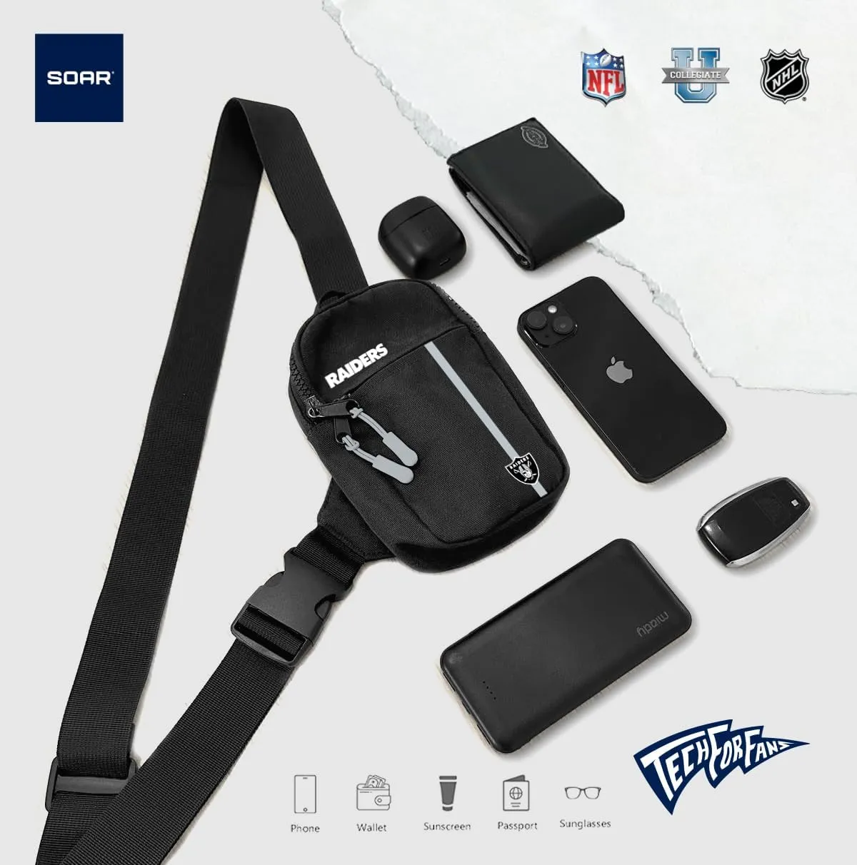SOAR Unisex Crossbody Tech Adjustable Strap Travel Backpack Officially Licensed NFL, Mini Sling Bag