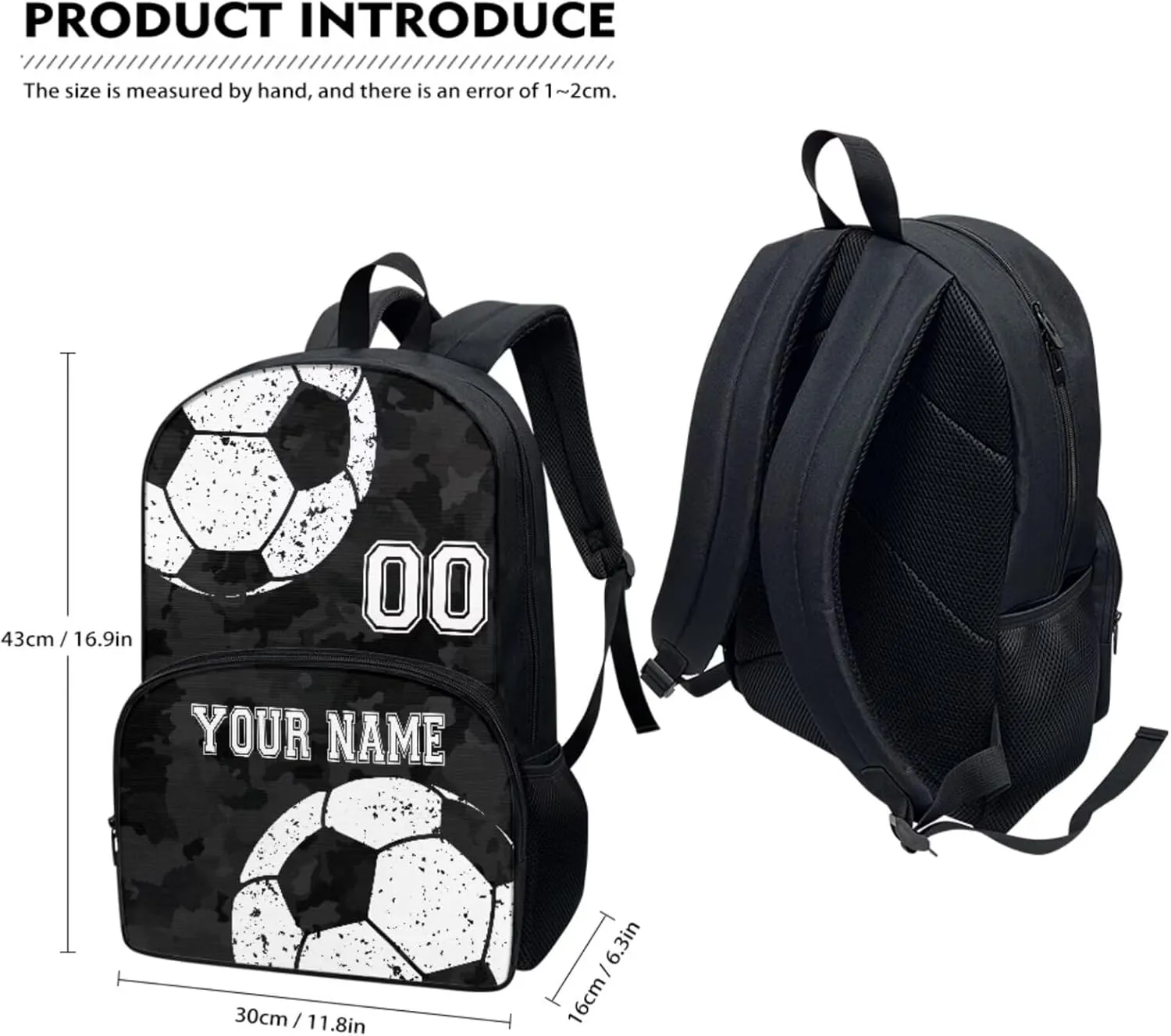 Soccer Ball Black Camo Custom School Backpack Set for Pre-School Kids Girls Boys Casual Book Bag Bookbag Lunch Box Water Bottle Bag Pencil Pen Bags Shoulder Crossbody Handbags, 4 Pcs