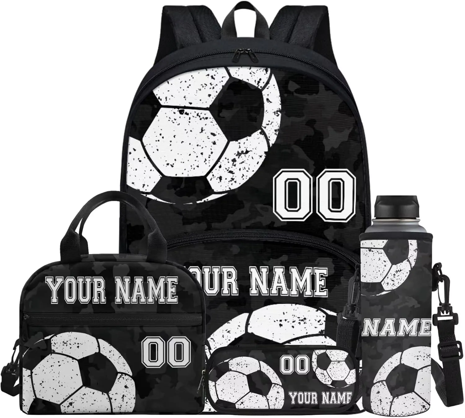 Soccer Ball Black Camo Custom School Backpack Set for Pre-School Kids Girls Boys Casual Book Bag Bookbag Lunch Box Water Bottle Bag Pencil Pen Bags Shoulder Crossbody Handbags, 4 Pcs