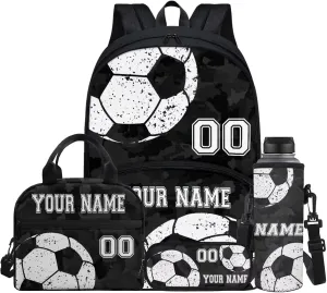 Soccer Ball Black Camo Custom School Backpack Set for Pre-School Kids Girls Boys Casual Book Bag Bookbag Lunch Box Water Bottle Bag Pencil Pen Bags Shoulder Crossbody Handbags, 4 Pcs