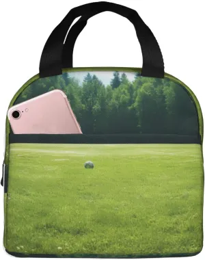 Soccer Ball On Grassy print Lunch Bag, Food Handbags Case, Leakproof Insulated, for Work/Picnic/Beach/Travel