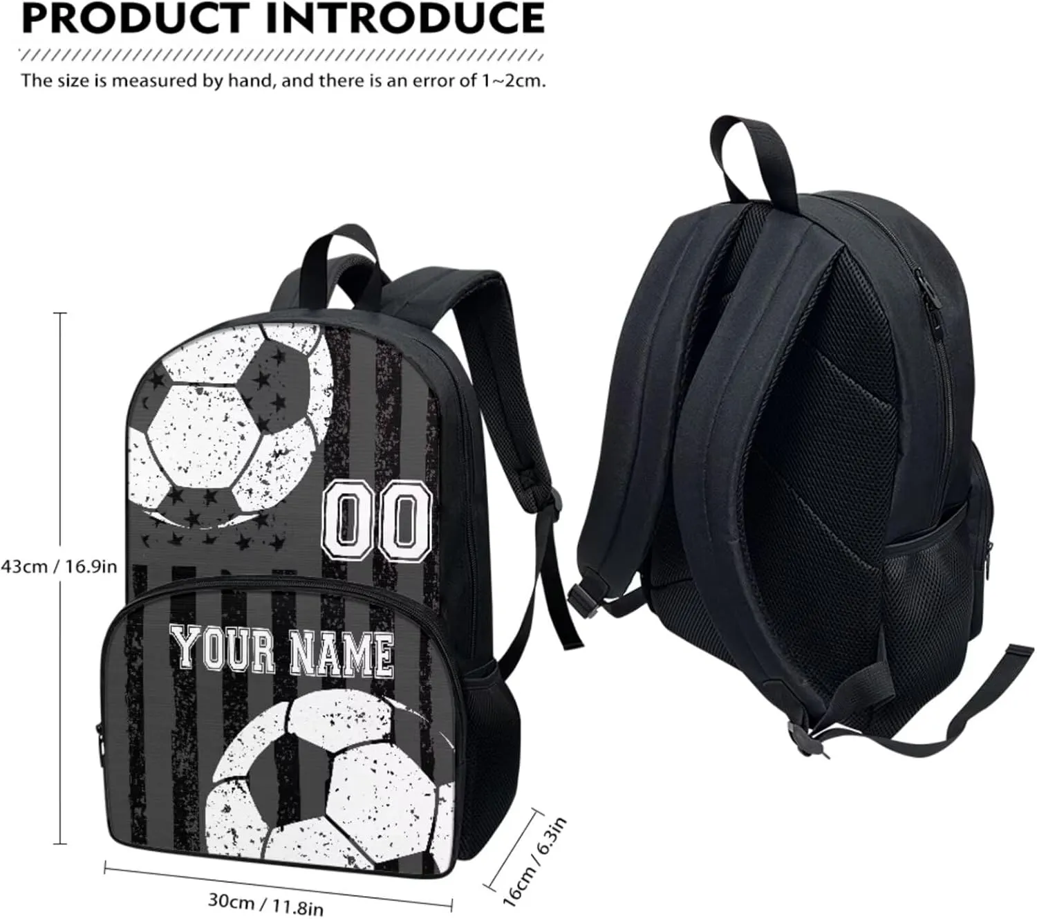 Soccer Black Gray American Flag Custom 17In Travel Backpack Set for Pre-School Girls Boys Kids Casual School Bag Bookbag with Insulated Lunch Bag Pen Box Shoulder Crossbody Handbags, 3Pcs