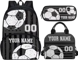 Soccer Black Gray American Flag Custom 17In Travel Backpack Set for Pre-School Girls Boys Kids Casual School Bag Bookbag with Insulated Lunch Bag Pen Box Shoulder Crossbody Handbags, 3Pcs