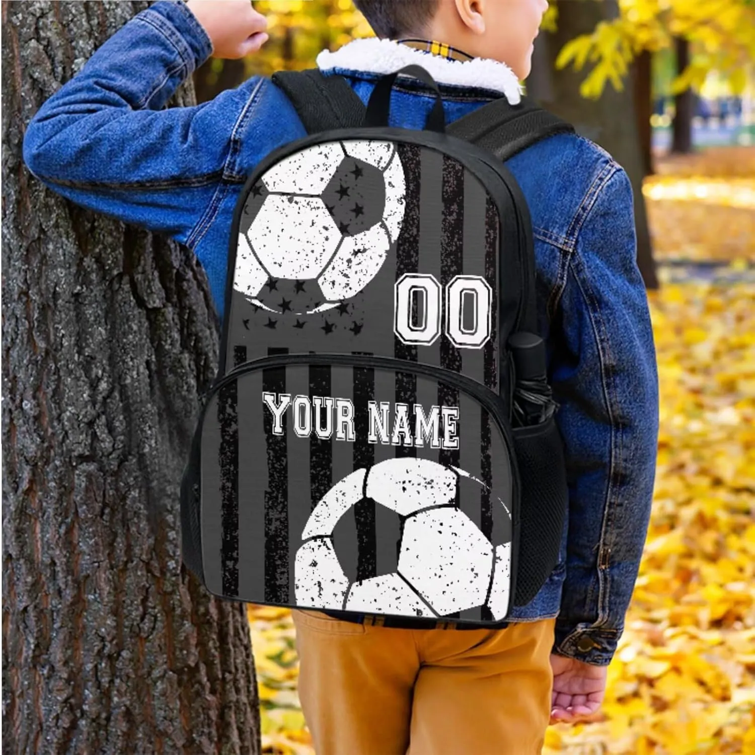 Soccer Black Gray American Flag Custom 17In Travel Backpack Set for Pre-School Girls Boys Kids Casual School Bag Bookbag with Insulated Lunch Bag Pen Box Shoulder Crossbody Handbags, 3Pcs