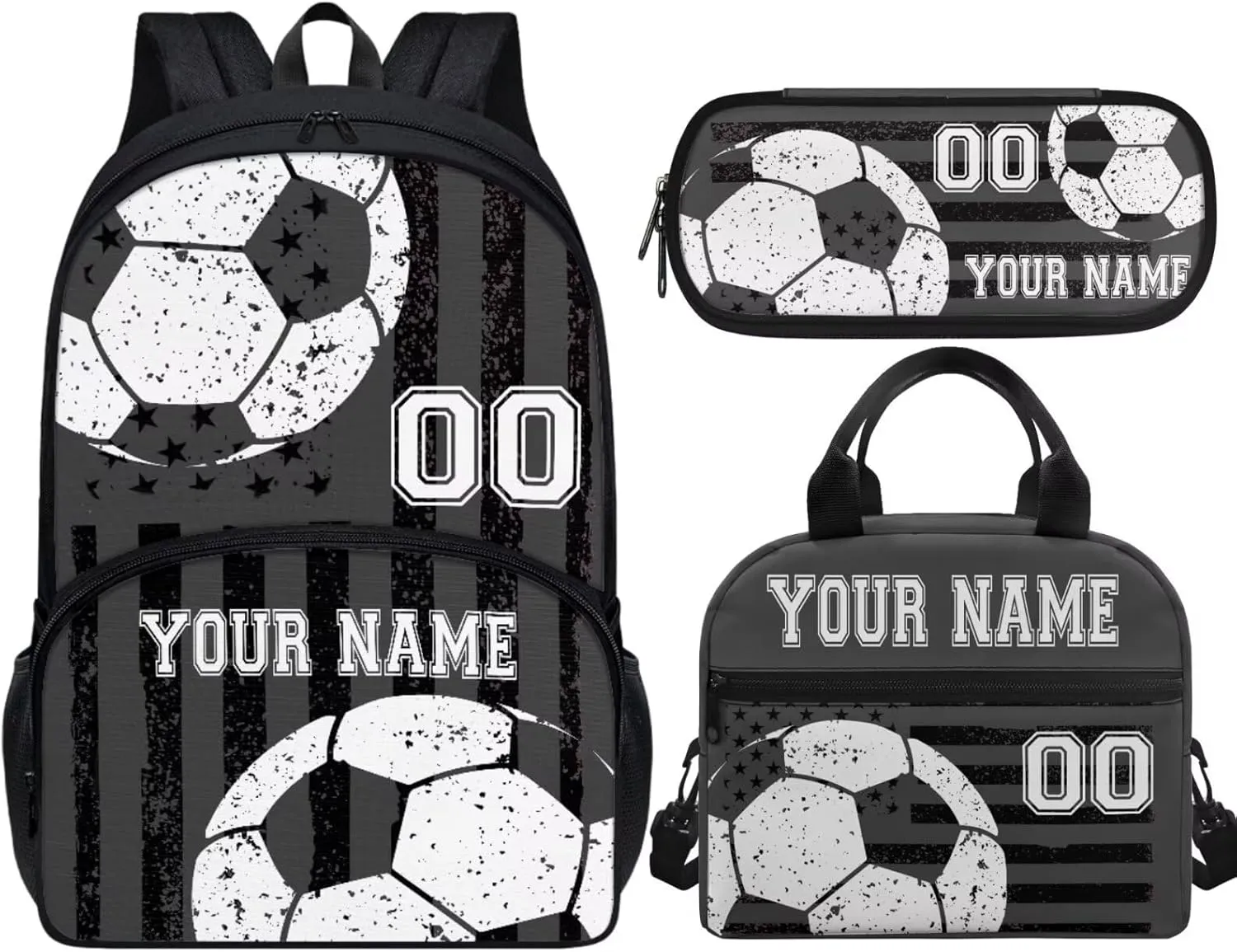 Soccer Black Gray American Flag Custom 17In Travel Backpack Set for Pre-School Girls Boys Kids Casual School Bag Bookbag with Insulated Lunch Bag Pen Box Shoulder Crossbody Handbags, 3Pcs