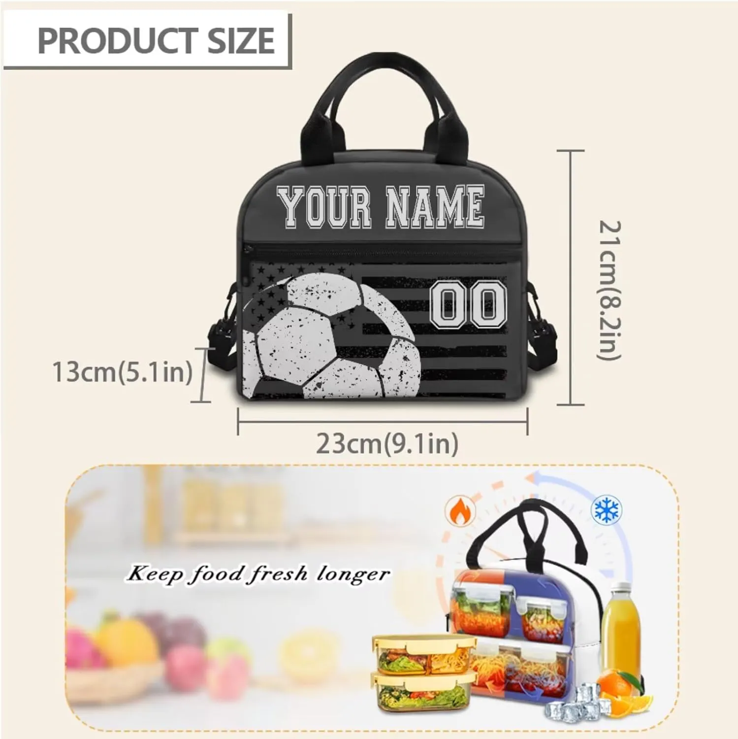Soccer Black Gray American Flag Custom 17In Travel Backpack Set for Pre-School Girls Boys Kids Casual School Bag Bookbag with Insulated Lunch Bag Pen Box Shoulder Crossbody Handbags, 3Pcs