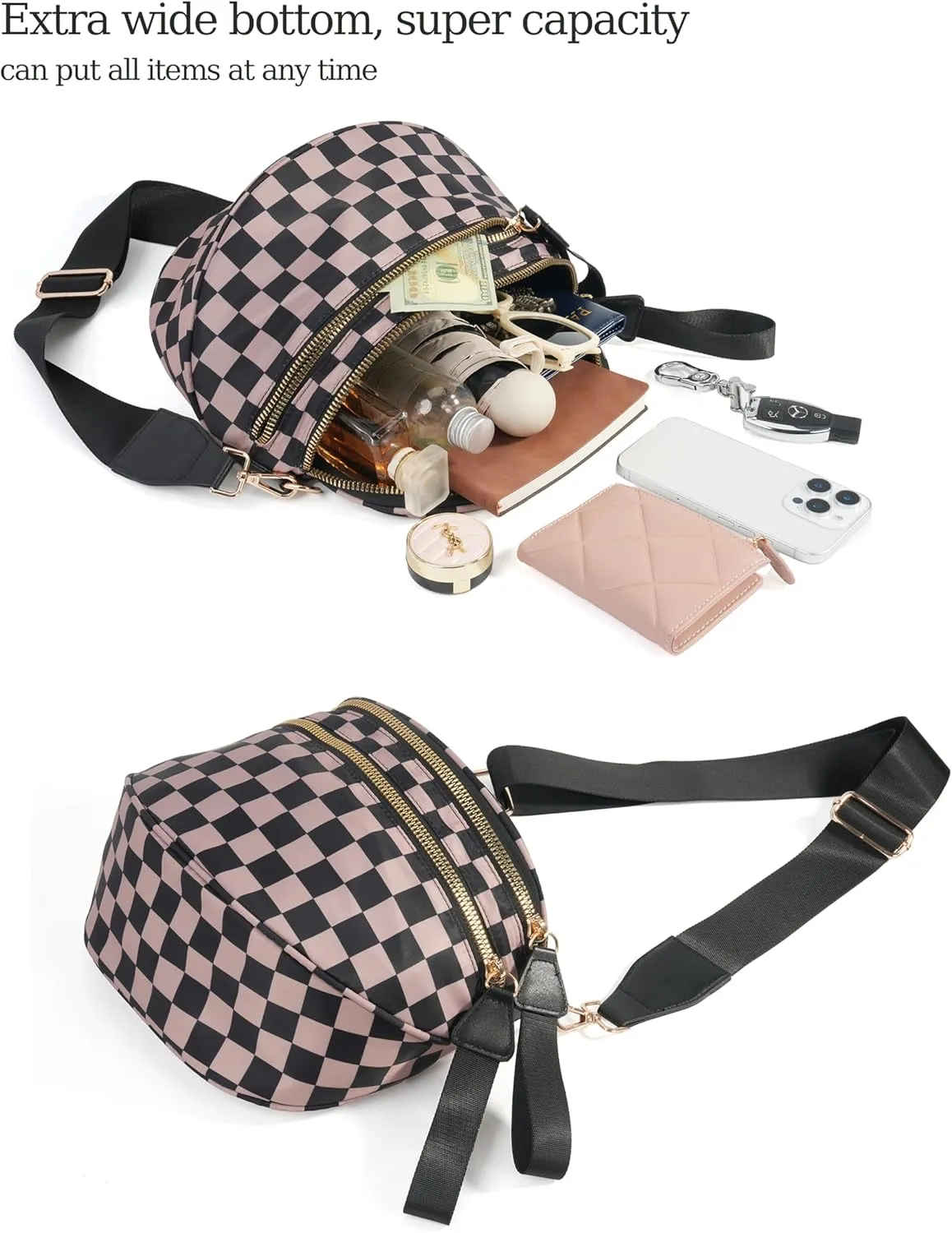 Spacious Checkered Nylon Crossbody Bag Bum Bag Checkered Handbags Wallets for Women
