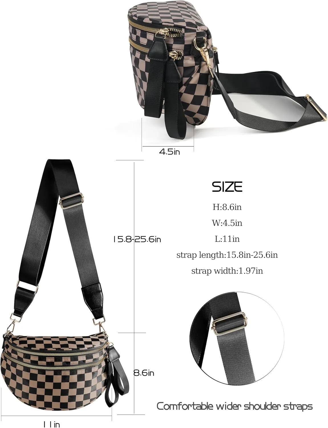 Spacious Checkered Nylon Crossbody Bag Bum Bag Checkered Handbags Wallets for Women