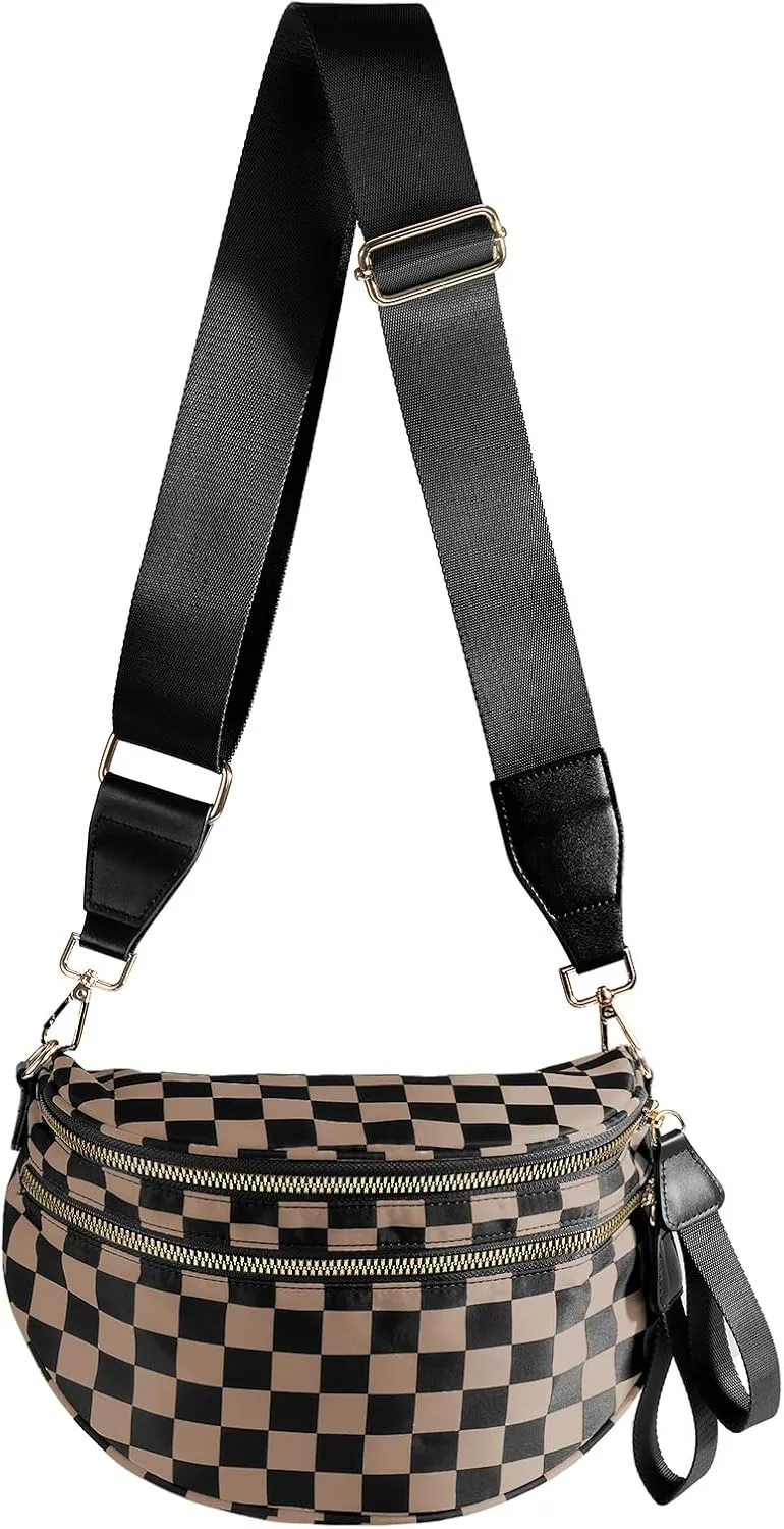 Spacious Checkered Nylon Crossbody Bag Bum Bag Checkered Handbags Wallets for Women