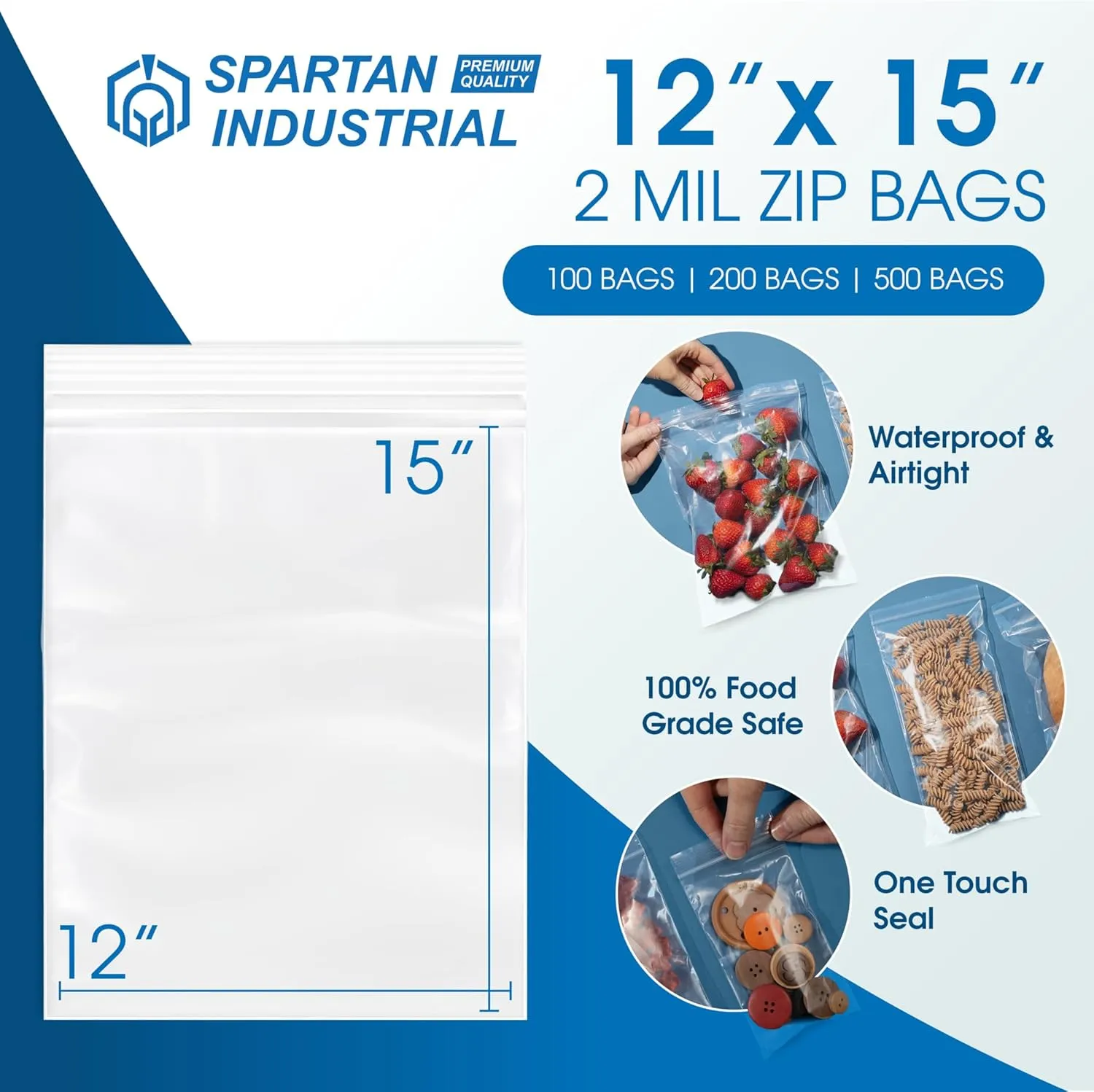 Spartan Industrial - 12” X 15” (500 Count) 2 Mil Clear Reclosable Zip Plastic Poly Bags with Resealable Lock Seal Zipper