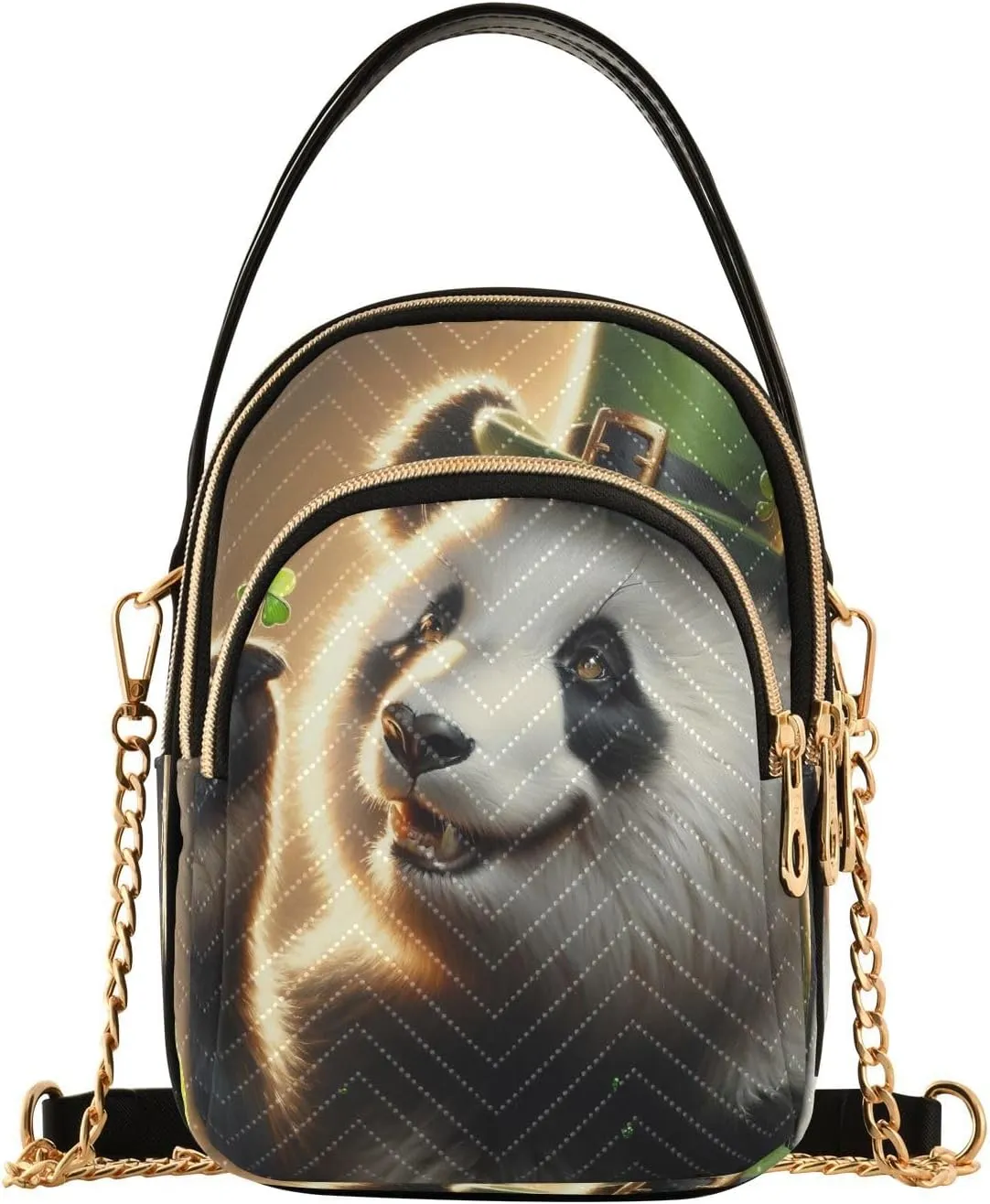 St. Patrick¡¯s Day Panda Crossbody Bags for Women Quilted Shoulder Bag Handbag with Chain Strap Fortunate Panda Trendy Cross Body Cell Phone Crossbody Purses for Travel Women