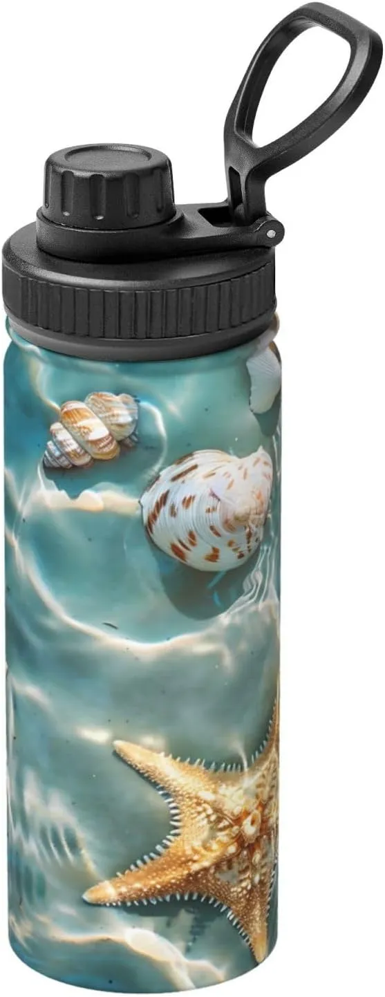 Starfish Seashell 18oz Vacuum Insulated Water Bottle with Spout Lid and Handle, Ocean Beach Stainless Steel Thermal Water Jug, Leakproof Flask for Gym Hiking Travel Office