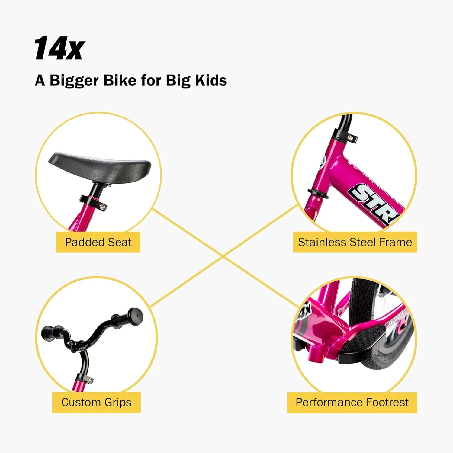 Strider 14x,- Balance Bike for Kids 3 to 6 Years - Includes Kid-Size Grips, Padded Seat, Performance Footrest & All-Purpose Tires - Easy Assembly & Adjustments