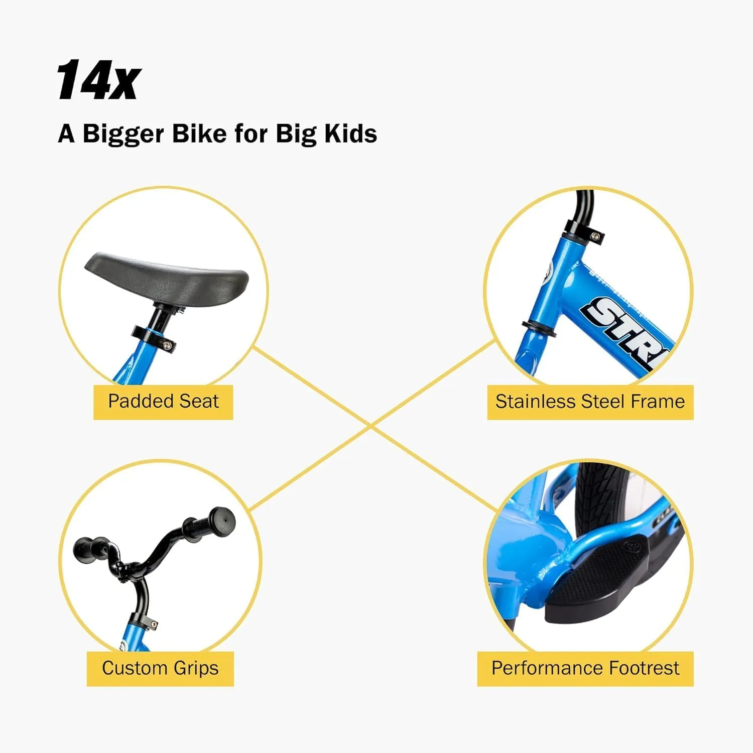 Strider 14x,- Balance Bike for Kids 3 to 6 Years - Includes Kid-Size Grips, Padded Seat, Performance Footrest & All-Purpose Tires - Easy Assembly & Adjustments